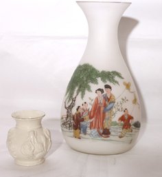 Gorgeous Signed HandPainted Frosted Satin Japanese Glass Vase With Poem On The Side 14 Inches Tall And Vase Wi