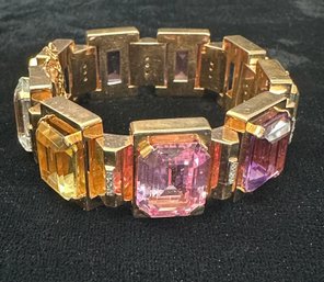 18K YG OUTSTANDING 7 INCH 9 PANEL EMERALD CUT MIXED SEMIPRECIOUS GEMSTONE BRACELET WITH DIAMOND ACCENTS