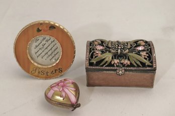 Jay Strongwater Trinket Box, Limoges Heart Box & Small Round Sisters Frame