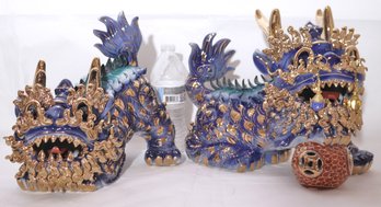 Pair Of Gilded Cobalt Blue Chinese Foo Dog Ceramic Sculptures