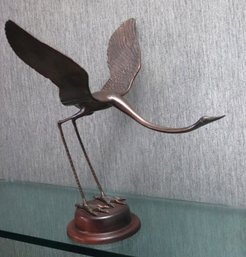 H. Somchai, Large Signed And Numbered Bronze Crane With Outstretched Wings Mounted On A Wooden Base