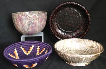 Carved And Painted Wooden Bowl By Hap Sakura And 3 Unique Woven Baskets,