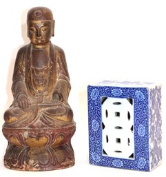 Antique Gilt Wood Buddha On Carved Lotus Base 12 Inches Tall & Porcelain Blue & White Pillow Block