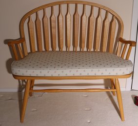 Windsor Style Oak Bench With Floral Pattern Pillow