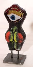 Rare 1980's Kjell Engman For Kosta Boda Glass Figural Sculpture With Eyeball Accent On Metal Stand
