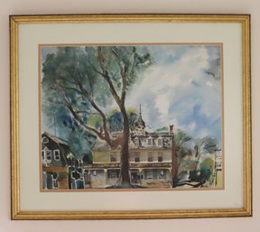 Watercolor Painting Of Houses And Large Tree Signed Milton Marx