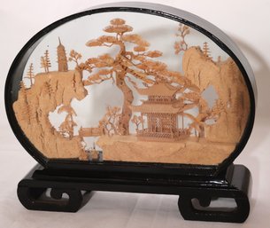 Vintage Hand Carved Chinese Cork Diorama In A Black Lacquered Glass Frame