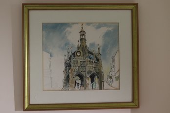 Watercolor Painting Of Gothic Clock Tower In Gold Frame