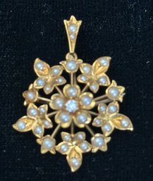 18K YELLOW GOLD YG LOVELY SNOWFLAKE PENDANT / PIN WITH CENTER DIAMOND AND SEED PEARL ACCENTS