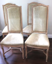 Set Of 4 Dining Chairs With Custom Suede Animal Print Fabric And Nail Head Accents
