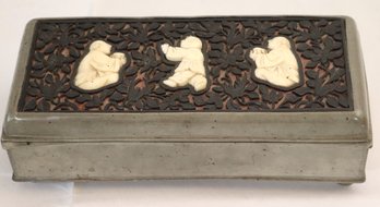 Antique Chinese Pewter Box With Carved Black Cinnabar And Playful Children