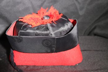 Vintage Mongolian Style Red And Black Pillbox Hat With Silk And Felt.