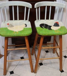 Pair Of Rustic Farm Style Hand Painted Counter Stools With Rooster Motif