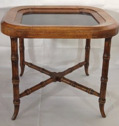 Unusual Wood Table With Faux, Bamboo Legs And Black Granite Top