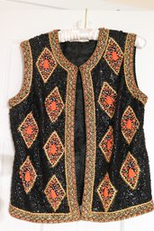 Exceptional Saks 5th Ave. Black Sequined Vest With Gold, Coral Color, And Rhinestone  Beading.