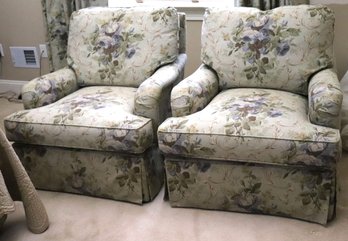 Pair Of Custom Linen Club Chairs With Romantic Floral Fabric