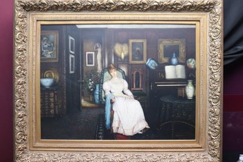 Decorative Framed Artwork On Canvas Of Serene Lady In A Parlor Room With Piano And Artwork, Signed Palach