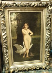 Antique Signed Oil On Canvas Allegorical Painting Of Nude With Swan In Antique Gold Frame.