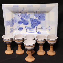 Blue And White Antica Fornace Platter And Goblet Style Glasses