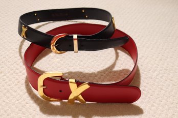Two Leather Belts By Paloma Picasso, With Traditional X Design, The Other Red Leather  With Large Brass Buckle