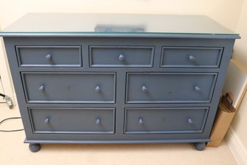 Blue Painted Pine 7 Drawer Dresser With Protective Glass Top.