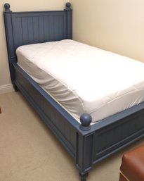 Blue Painted 4 Poster Twin Bed With Wood Plank Design.
