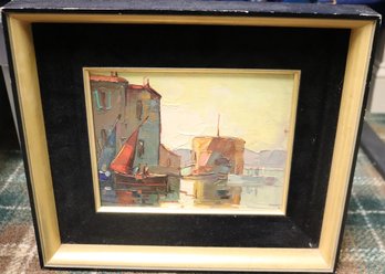 E. Bernadac St Tropez Painting On Wood Board Depicting Sailboats In The Harbor.