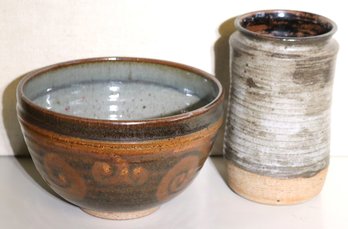 Vintage Signed Art Pottery Vase And Bowl