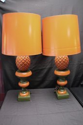 Retro Style Pineapple Motif Table Lamps With Orange Shades.