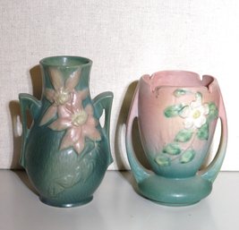 Vintage Roseville Art Pottery Includes Clematis Green Handled Vase And White Rose Pink Double Handled Flower A