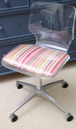 Lucite Chair With Striped Seat On Casters Measures.