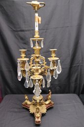 Fabulous And Heavy Bronze 6 Arm Candelabra Converted To Lamp With Female Sphinxes, And Crystals.