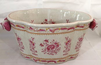 Oversized 1970s Chinese Footbath Bowl Or Planter With Craquelure Finish & Pink Flowers