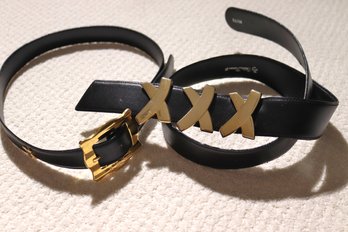 Two Vintage Black Leather Paloma, Picasso Belts With Traditional Gold X Embellishment