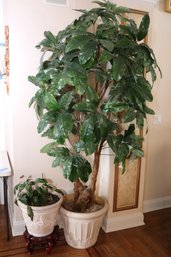 Faux Tree And Plant In Plastic Pot Approximately 82 Inches Tall, Includes Asian Style Wood Plant Stand