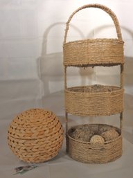 Three Tier Rope Wrapped Basket With Handle & Sea Grass Ball