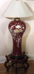 Tall Vintage Gorgeous Asian Lamp With Hand Embedded Mother Of Pearl Accents On Wood Stand, Note There Is No Sh