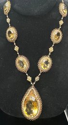 14K YG SPECTACULAR 16.5' 8 STONE CITRINE FILIGREE NECKLACE WITH SEED PEARL ACCENTS