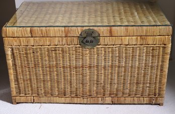 Vintage Wicker Trunk With Brass Closure And Glass Top