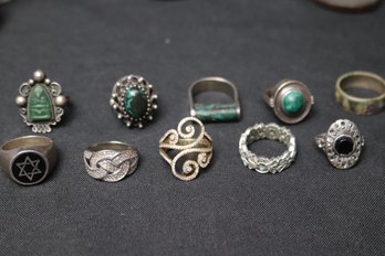 An Assortment Of Sterling Rings Some With Malachite Stones