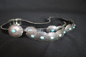 Leather Belt With Sterling And Turquoise.