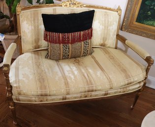 Vintage Louis XVI French Loveseat/Settee In A Gilded Finish, Padded Arms, Custom Fabric