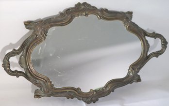 Vintage Brass Mirrored Vanity Tray With Handles