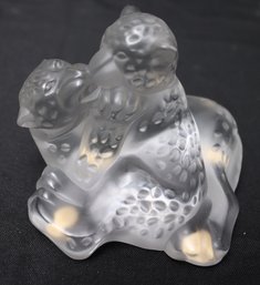 Lalique French Crystal Playful, Kissing Cougar Jaguar Cubs