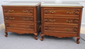 Pair Of French Style, Carved Walnut Nightstands With 3 Drawers, And Protective Glass Tops