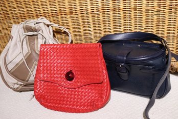 Three Vintage Pocketbooks, Red Braided Leather Made In Italy, Patterned Bag,  And Navy Textured Leather.
