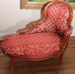 Cute Little Diminutive Carved Wood Parlor Chaise With Custom Floral Scrolled Fabric And Nail Head Accents