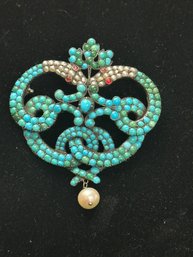STERLING SILVER FANCY TURQUOISE AND SEED PEARL BROOCH PIN