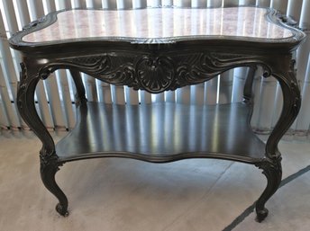 French Style Carved Wood 2 Tier Buffet Server With Marble Top And Handles.