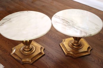 Pair Of Vintage Luxurious Hollywood Regency Style Gilded Side Tables With Round Beveled Marble Tops